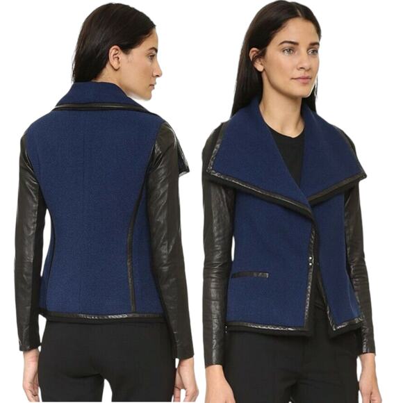 VINCE Wool Blend Moto Leather Knit Jacket Wide Lapel Coat Raw Trim Drape Blue - Picture 14 of 15